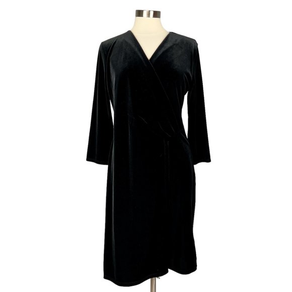 Talbots Womens Black Velvet Faux Wrap Sheath Dress V Neckline size Large - Picture 1 of 11